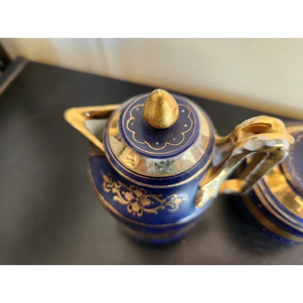 Antique Meissan Cobalt Gold‎ Grand Pictorial Romantic Couple Creamer + Sugar Set